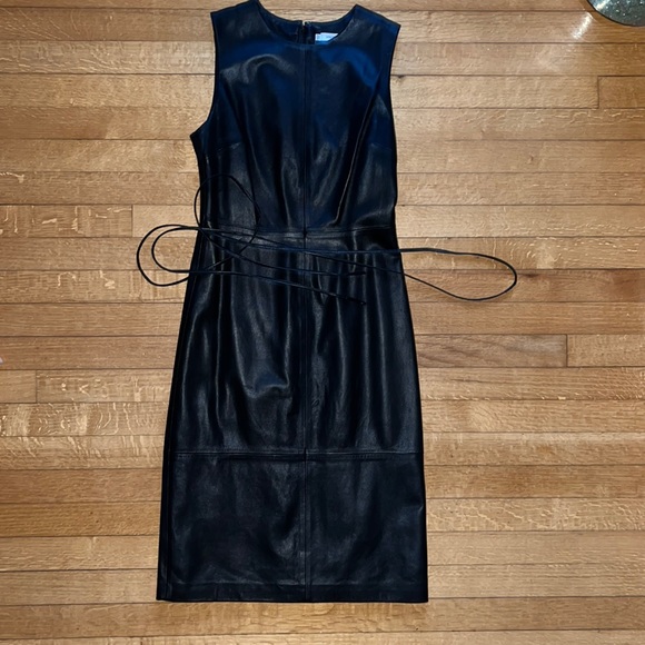 VINCE black Lamb leather sleeveless lined pencil/fitted Dress, women’s